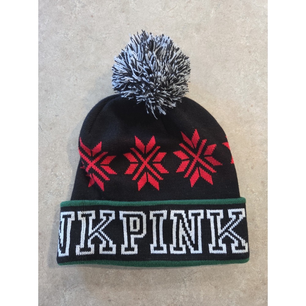 PINK Nation by Victoria's Secret Beanie Knit Hat Cap Black Winter Pom Pom